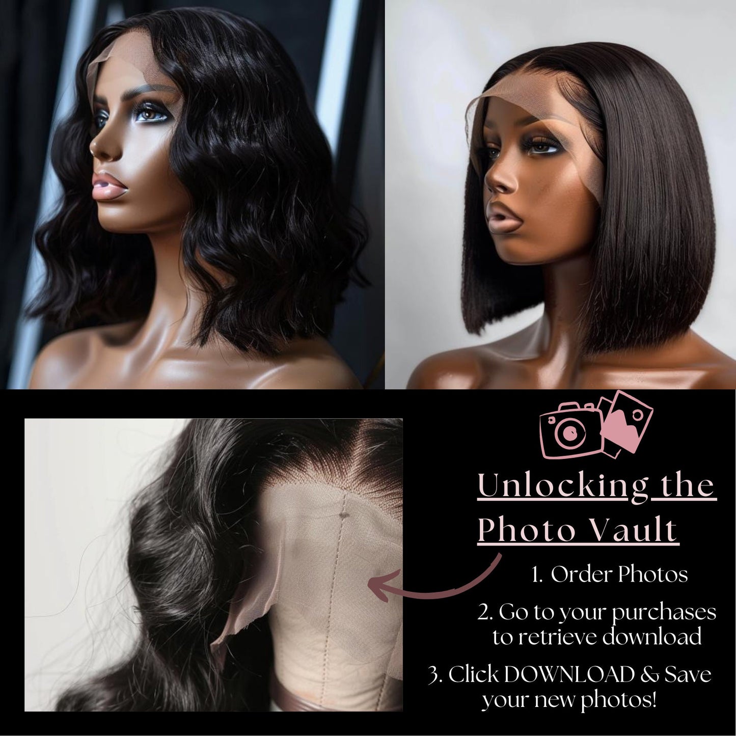 HD Lace Wig | Natural Black Bob on Mannequin | Hair Bundles | Hair Extensions | Stock Photos For Hair Business Stock Images | AI Stock Photo