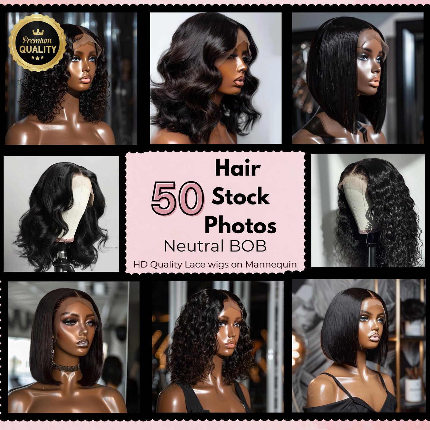 HD Lace Wig | Natural Black Bob on Mannequin | Hair Bundles | Hair Extensions | Stock Photos For Hair Business Stock Images | AI Stock Photo