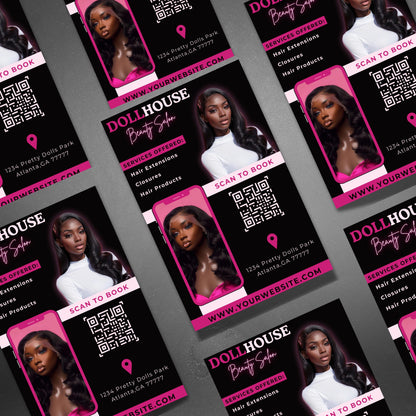 Qr Code | Premade Business Cards | Editable Beauty Business Card Template Design | Pink Editable Templates On Canva | Hair Business Card