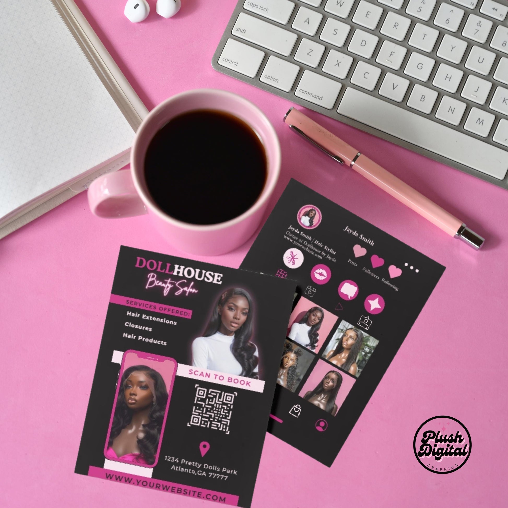 Qr Code | Premade Business Cards | Editable Beauty Business Card Template Design | Pink Editable Templates On Canva | Hair Business Card