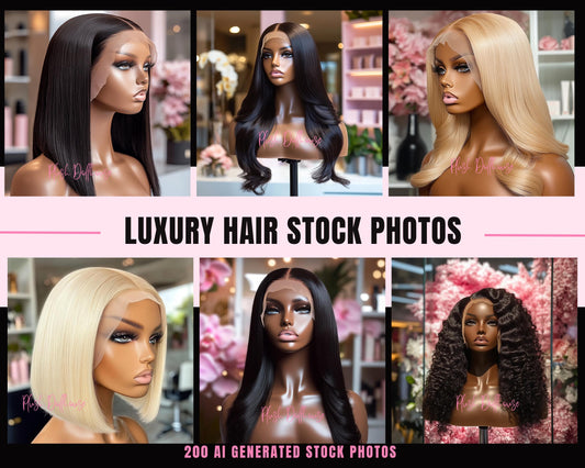 HD Lace Wig Hair Stock Photos: Blonde 613 & Natural Black - Instant Digital Download with Luxury Pink Salon Aesthetic